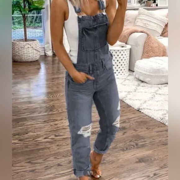 Women's Gray Denim Overalls - Picture 1 of 1